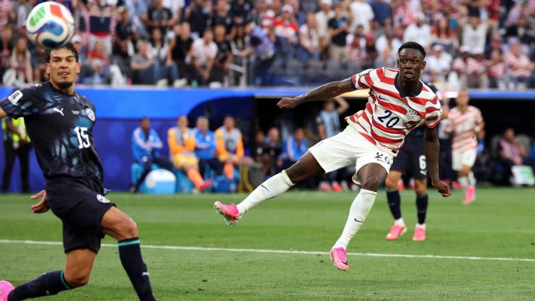June 12, 2026; Inglewood, California, U.S.; Folarin Balogun of the U.S. scores their third goal. Mandatory Credit: Kiyoshi Mio-Imagn Images
