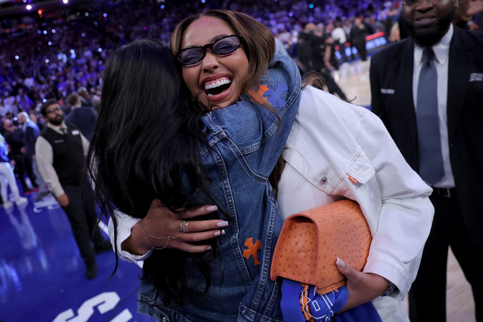 Jun 10, 2026; New York, New York, USA; Jordyn Woods hugs Kylie Jenner after game four of the 2026 NBA Finals between the New York Knicks and San Antonio Spurs at Madison Square Garden.