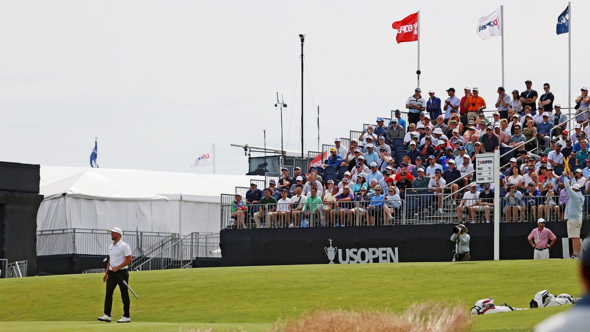 Jun 19, 2026; Southampton, New York, USA; Wyndham Clark reacts after his shot on the ninth green during the second round of the U.S. Open golf tournament at Shinnecock Hills Golf Club. Mandatory Credit: Pamela Smith-Imagn Images