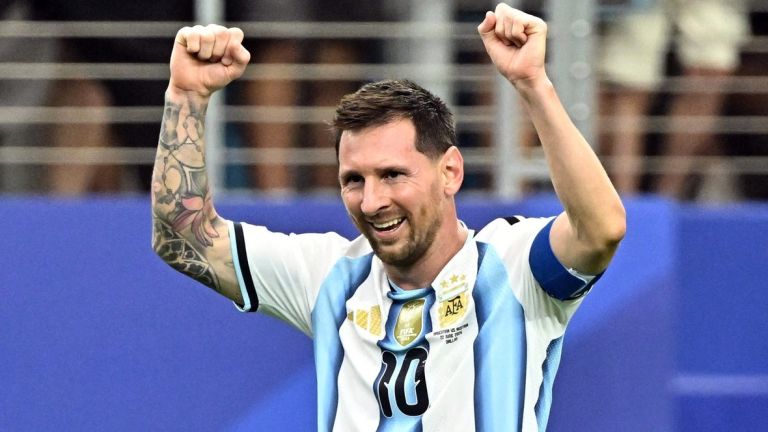 June 22, 2026; Arlington, Texas, U.S.; Argentina's Lionel Messi celebrates scoring their second goal. Mandatory Credit: Maria Lysaker-Imagn Images
