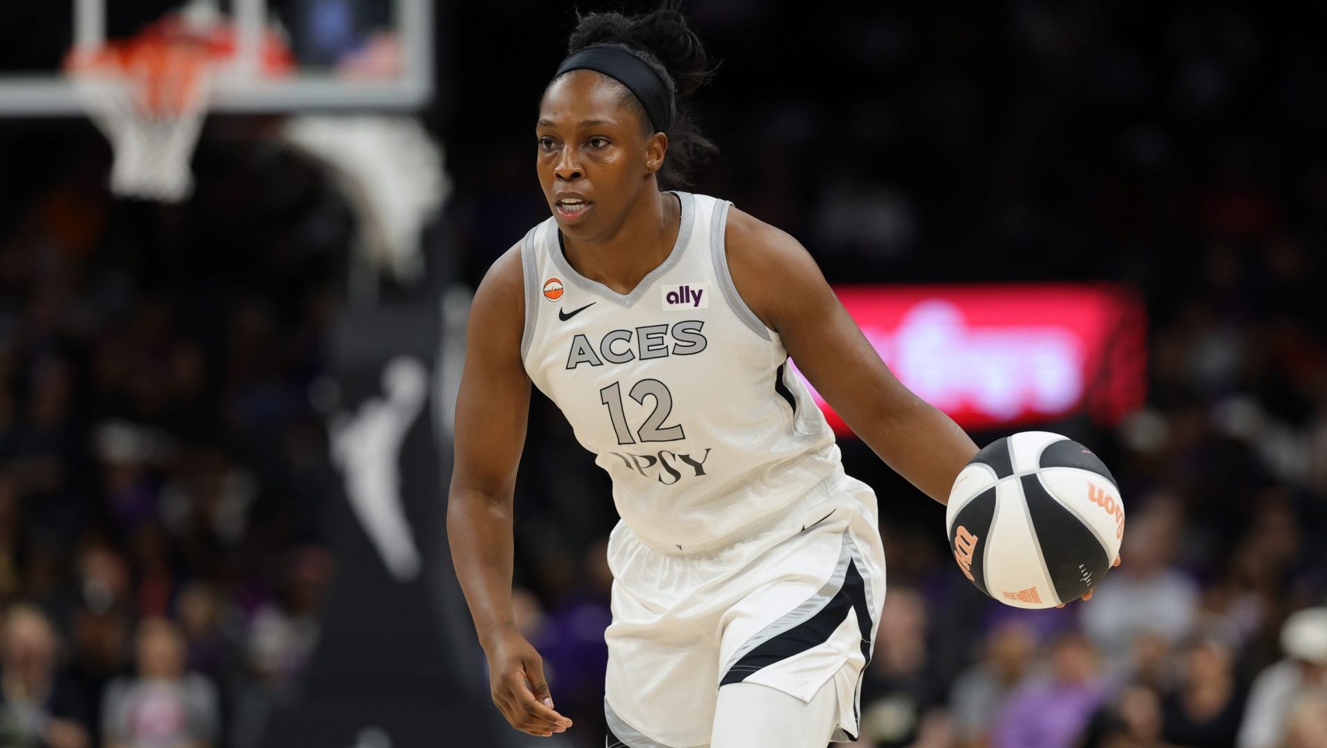 Jun 17, 2026; Phoenix, Arizona, USA; Las Vegas Aces guard Chelsea Gray (12) against the Phoenix Mercury at Mortgage Matchup Center. Mandatory Credit: Mark J. Rebilas-Imagn Images