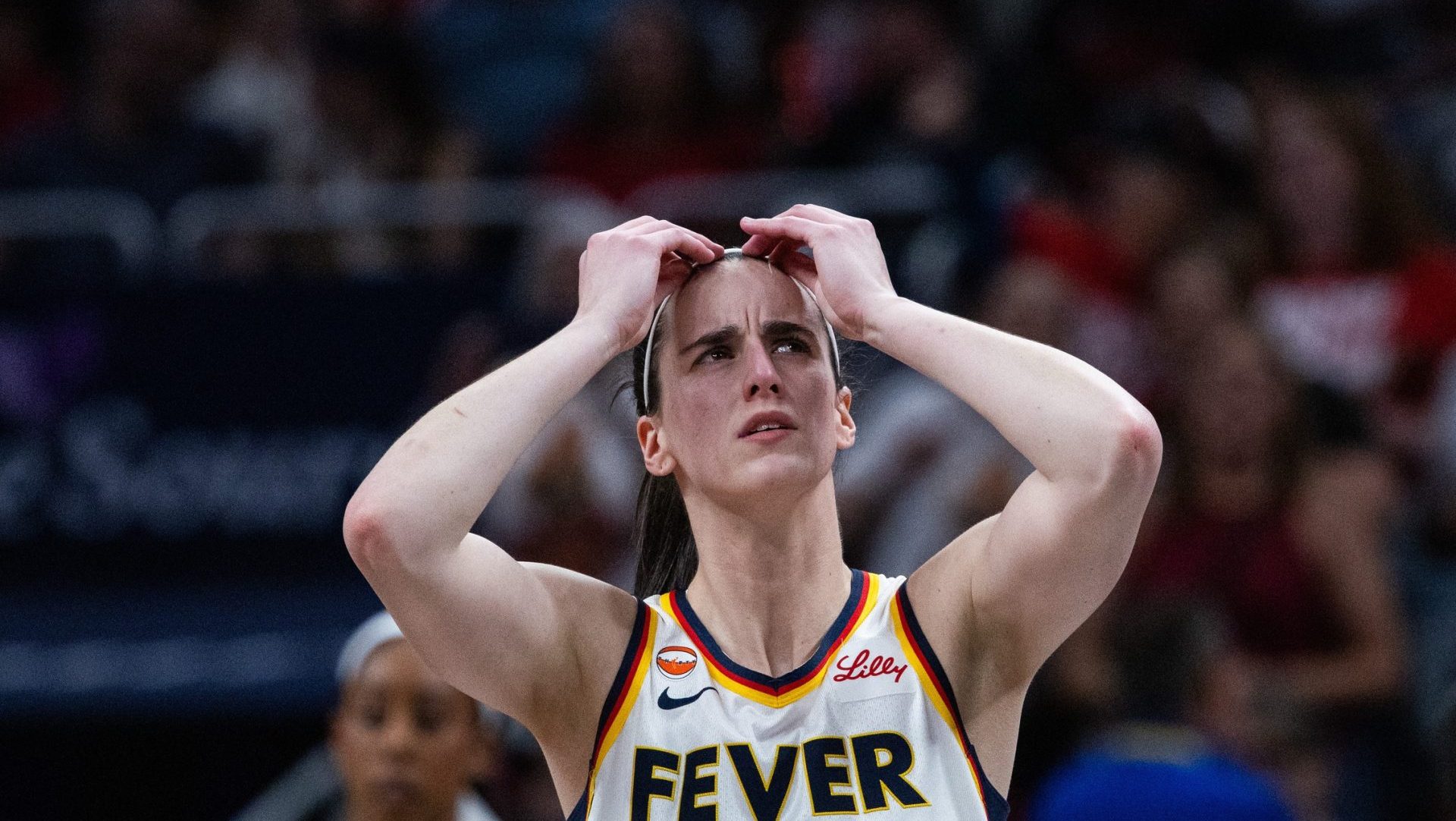 Jun 24, 2026; Indianapolis, Indiana, USA; Indiana Fever guard Caitlin Clark (22) reacts in the first half against the Phoenix Mercury at Gainbridge Fieldhouse. Mandatory Credit: Trevor Ruszkowski-Imagn Images