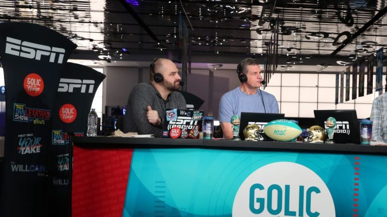 Miami Beach, FL - January 31, 2020 - Miami Beach Convention Center: Mike Golic Jr (l), Mike Golic Sr, Trey Wingo and Drew Brees on the set of Golic and Wingo during Super Bowl LIV week. (Photo by Allen Kee / ESPN Images)