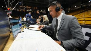 Jan 7, 2023; Boulder, Colorado, USA; PAC 12 sports broadcaster Jacob Tobey prior to the game between the Oregon State Beavers against the Colorado Buffaloes at CU Events Center. Mandatory Credit: Ron Chenoy-USA TODAY Sports