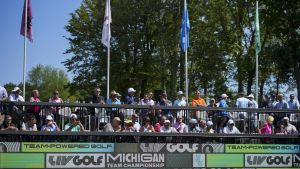 Aug 22, 2025; Detroit, Michigan, USA; Fans gather at the 15th tee during the quarterfinals of the LIV Golf Michigan Team Championship at The Cardinal at Saint John's Resort. Mandatory Credit: Aaron Doster-Imagn Images