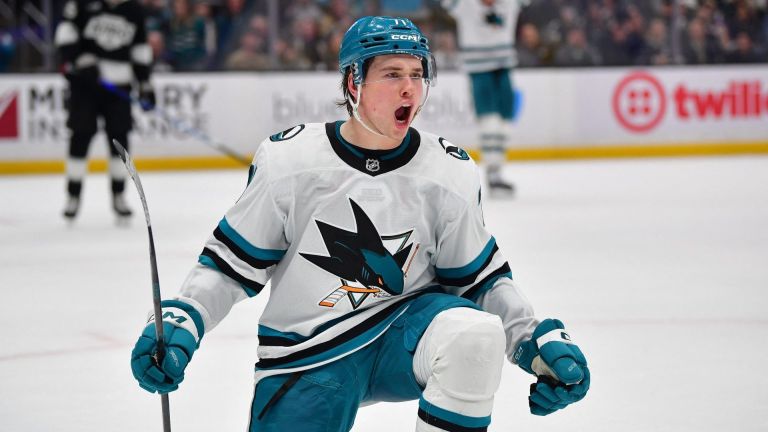 Jan 7, 2026; Los Angeles, California, USA; San Jose Sharks center Macklin Celebrini (71) celebrates his goal scored against the Los Angeles Kings during the third period at Crypto.com Arena
