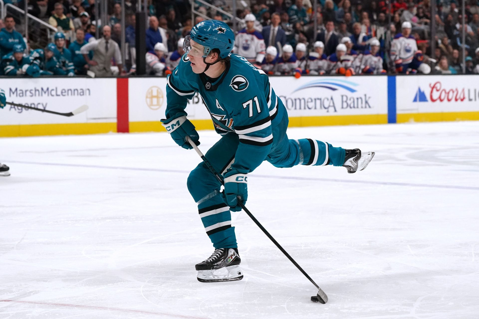 Apr 8, 2026; San Jose, California, USA; San Jose Sharks center Macklin Celebrini (71) takes a shot on goal against the Edmonton Oilers in the second period at SAP Center at San Jose.