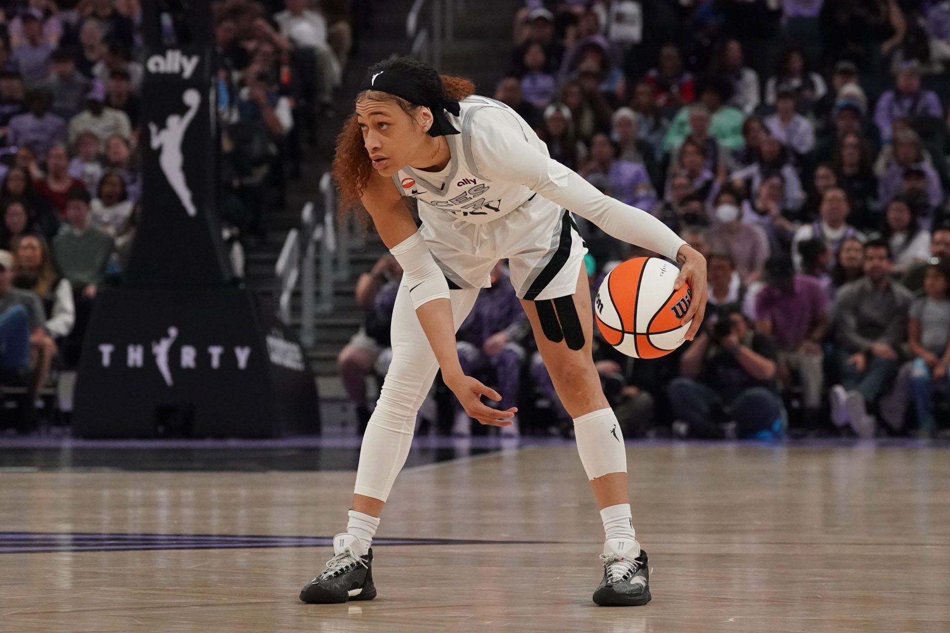 May 31, 2026; San Francisco, California, USA; Las Vegas Aces guard Chennedy Carter (23) dribbles the ball against the Golden State Valkyries in the second quarter at Chase Center.