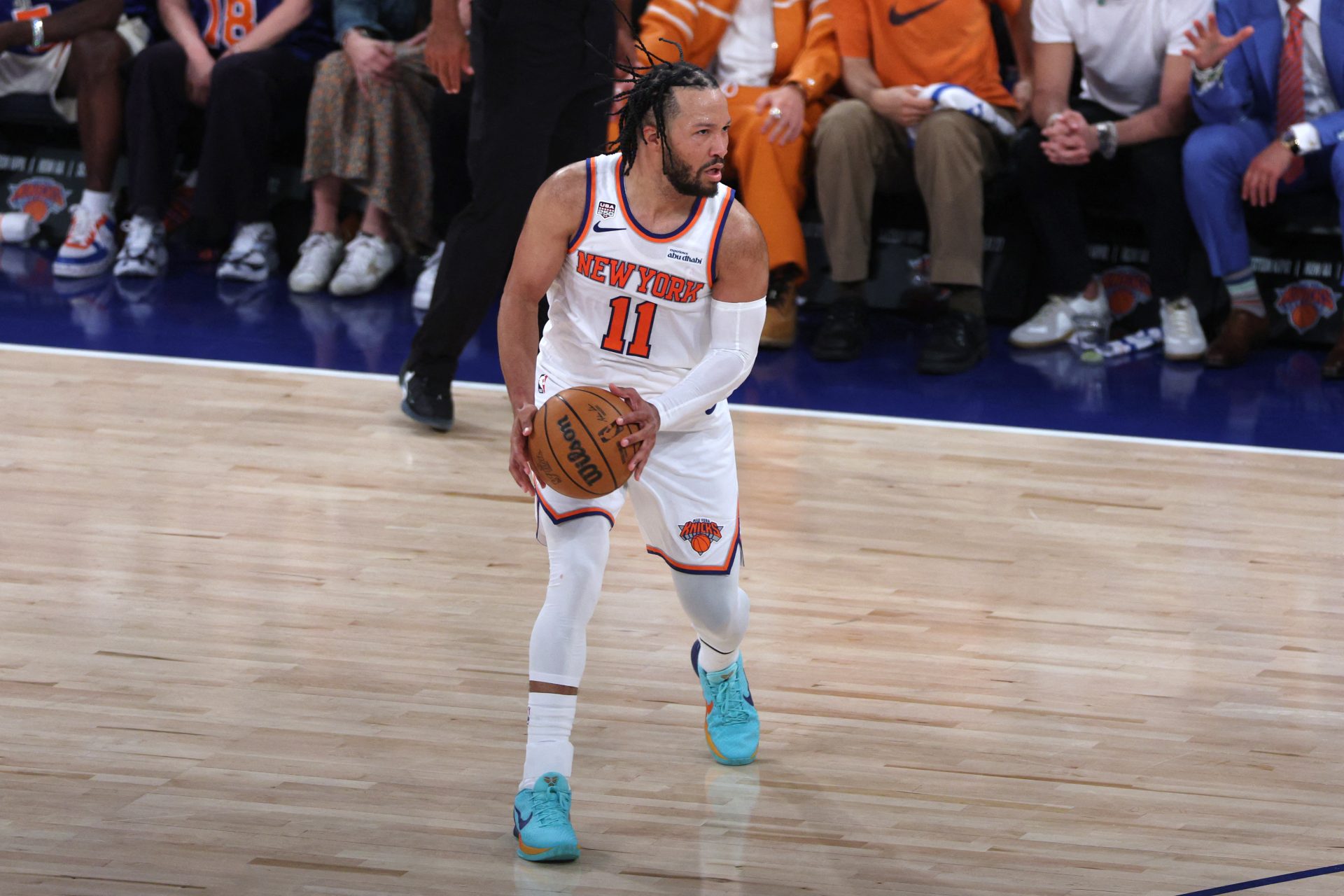 Jun 8, 2026; New York, New York, USA; New York Knicks guard Jalen Brunson (11) controls the ball against the San Antonio Spurs in the second quarter during game three of the 2026 NBA Finals at Madison Square Garden.