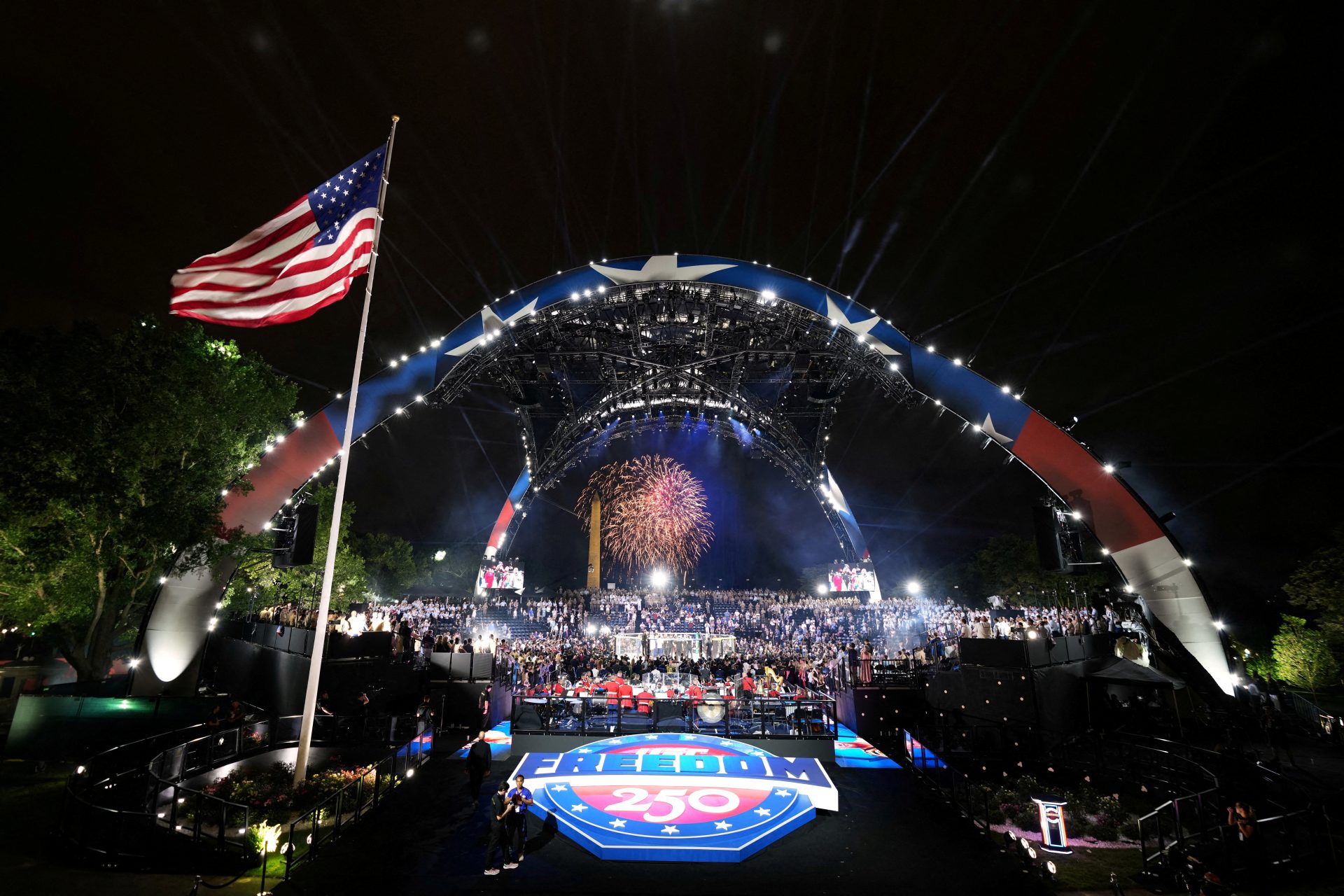 FILE PHOTO: Fireworks explode during UFC Freedom 250, on the South Lawn of the White House, in Washington, D.C., U.S., June 15, 2026
