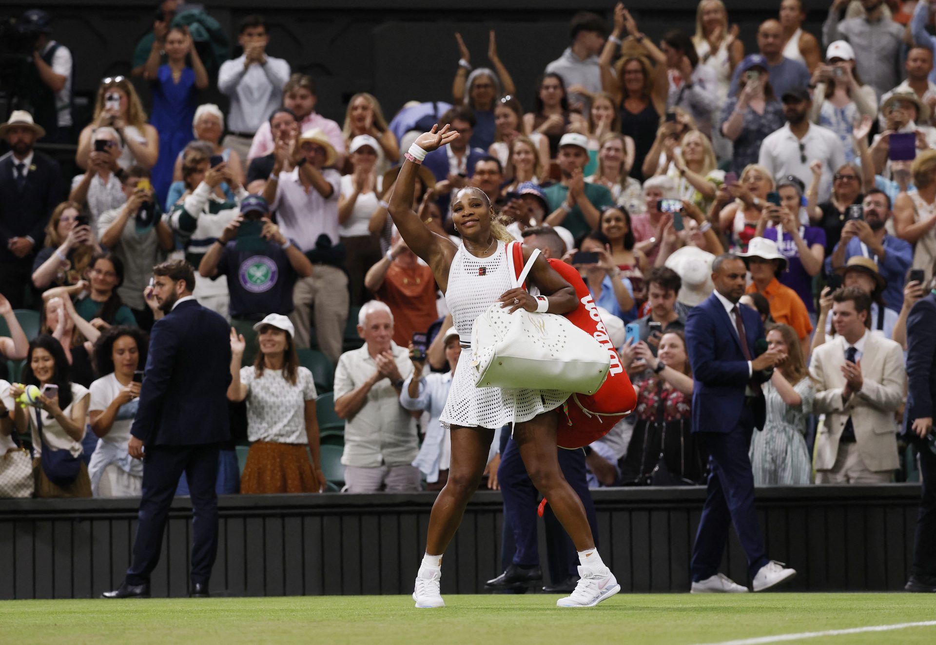 Tennis - Wimbledon - All England Lawn Tennis and Croquet Club, London, Britain - June 30, 2026 Serena Williams of the U.S. waves to the crowd after losing her first round match against Australia's Maya Joint