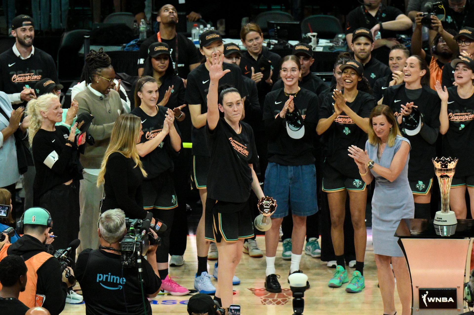 Jun 30, 2026; Brooklyn, New York, USA; New York Liberty forward Breanna Stewart (30) waves to the crowd after being named the game MVP after winning the Commissioners Cup Championship against the Las Vegas Aces at Barclays Center.