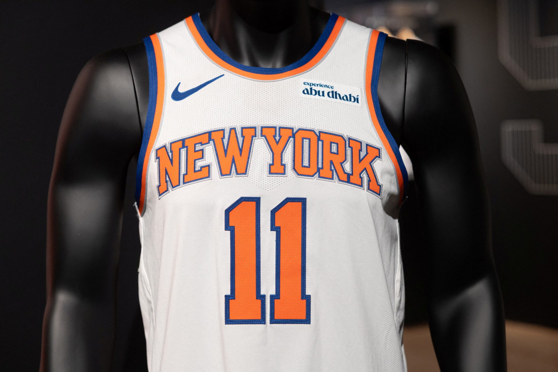 A Jalen Brunson New York Knicks jersey at Sotheby's auction house in New York City, U.S. July 1, 2026.