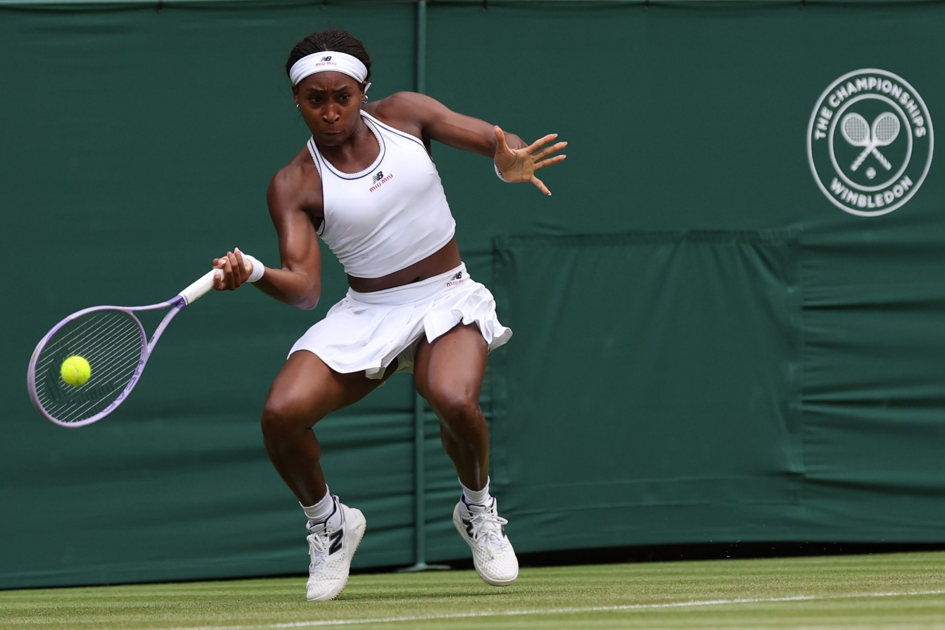 Jul 1, 2026; London, United Kingdom; Coco Gauff (USA) hits a forehand against Solana Sierra (ARG) (not pictured) on day three of The Championships Wimbledon 2026 at All England Lawn Tennis and Croquet Club.