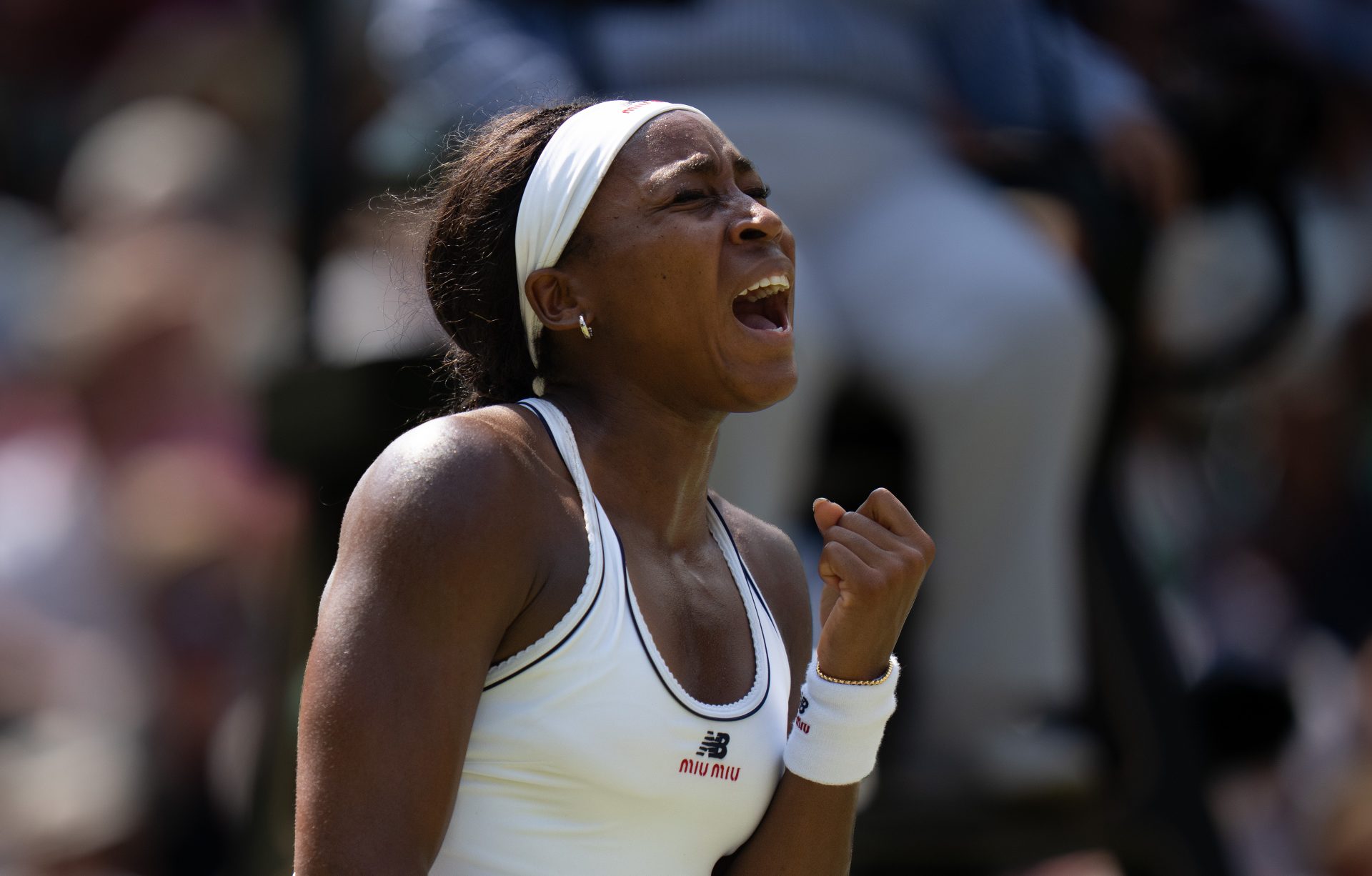 Jul 9, 2026; London, United Kingdom; Coco Gauff of the United States reacts during her match against Karolina Muchova of the Czech Republic on day 11 at All England Lawn Tennis and Croquet Club.