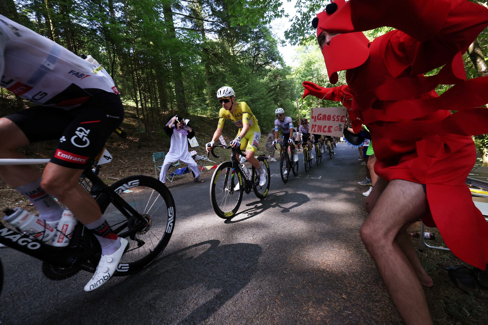 Cycling - Tour de France - Stage 9 - Malemort to Ussel - Malemort, France - July 12, 2026 UAE Team Emirates - XRG's Tadej Pogacar wearing the yellow jersey, UAE Team Emirates - XRG's Isaac Del Toro wearing the white jersey and Team Visma | Lease a Bike's Jonas Vingegaard wearing the polka-dot jersey in action as a spectator dressed in a costume cheers on during stage 9