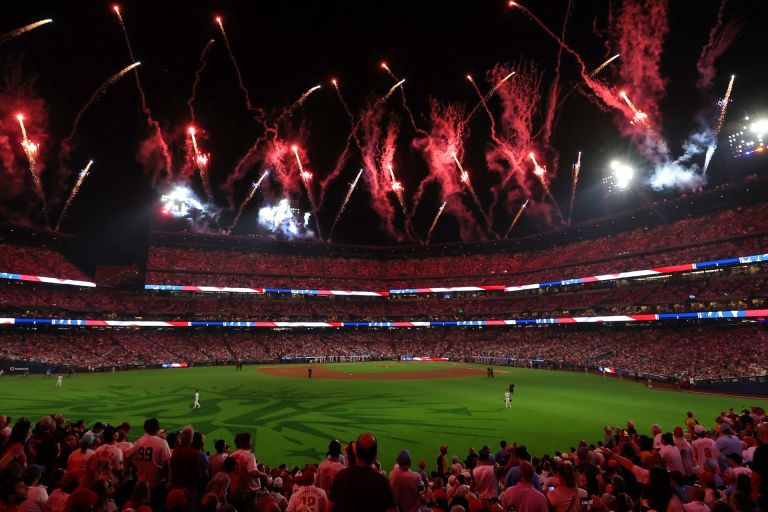 Jul 14, 2026; Philadelphia, Pennsylvania, USA; General view of fireworks over Citizens Bank Park during the fourth inning of the All-Star Game.