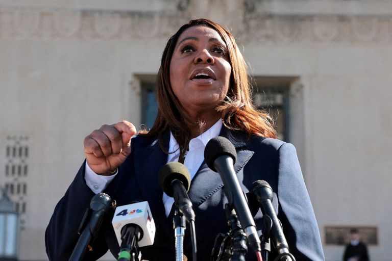 FILE PHOTO: New York Attorney General Letitia James speaks to the media in Norfolk, Virginia, U.S., October 24, 2025.