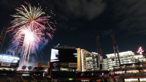 ATLANTA, GA - MARCH 27: Georgia Lottery Friday Night Fireworks after the game against the Kansas City Royals at Truist Park on March 27, 2026 in Atlanta, Georgia