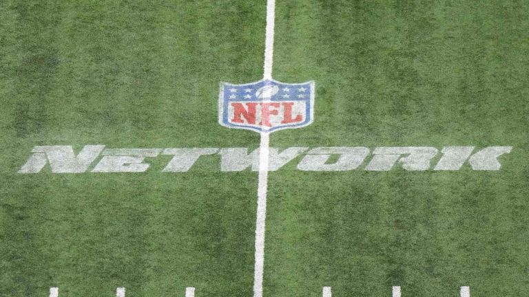 Mar 4, 2023; Indianapolis, IN, USA; The NFL Network logo on the field at Lucas Oil Stadium. Mandatory Credit: Kirby Lee-USA TODAY Sports
