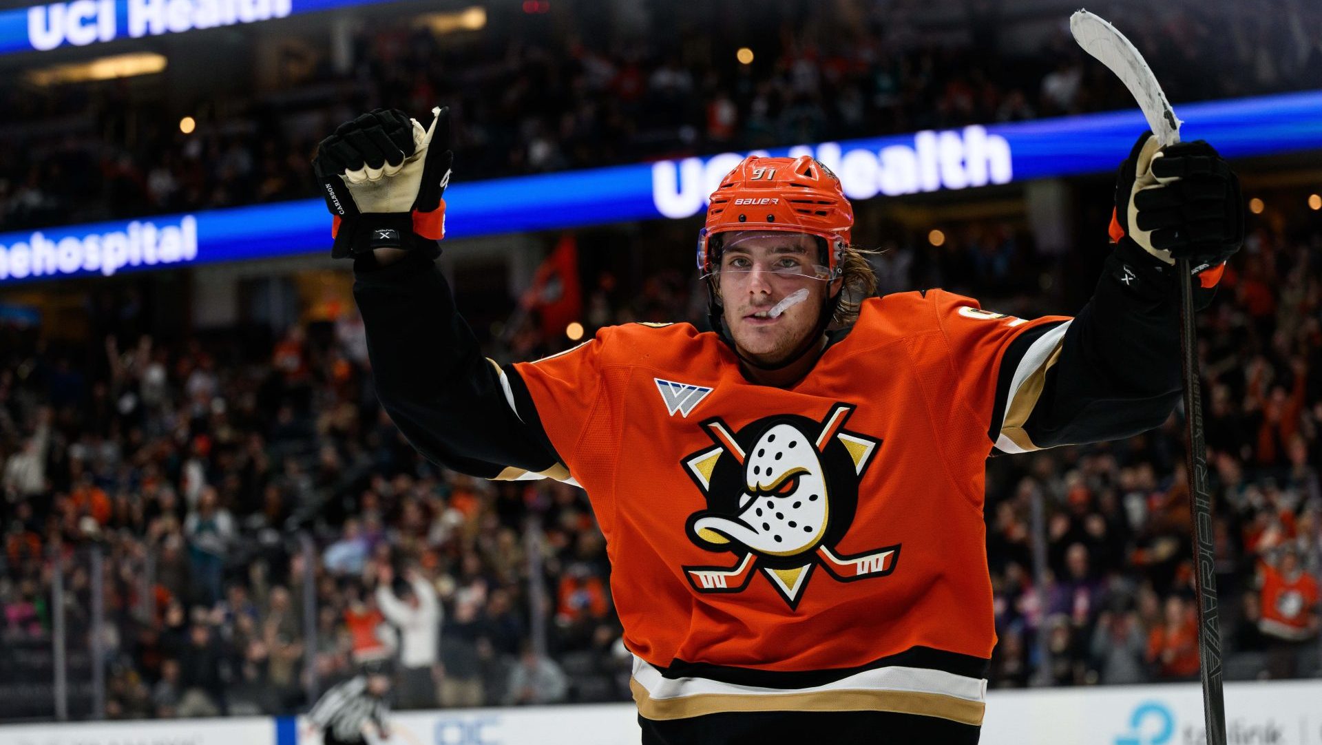 Nov 26, 2025; Anaheim, California, USA; Anaheim Ducks center Leo Carlsson (91) gestures after scoring during the second period against the Vancouver Canucks at Honda Center. Mandatory Credit: William Liang-Imagn Images