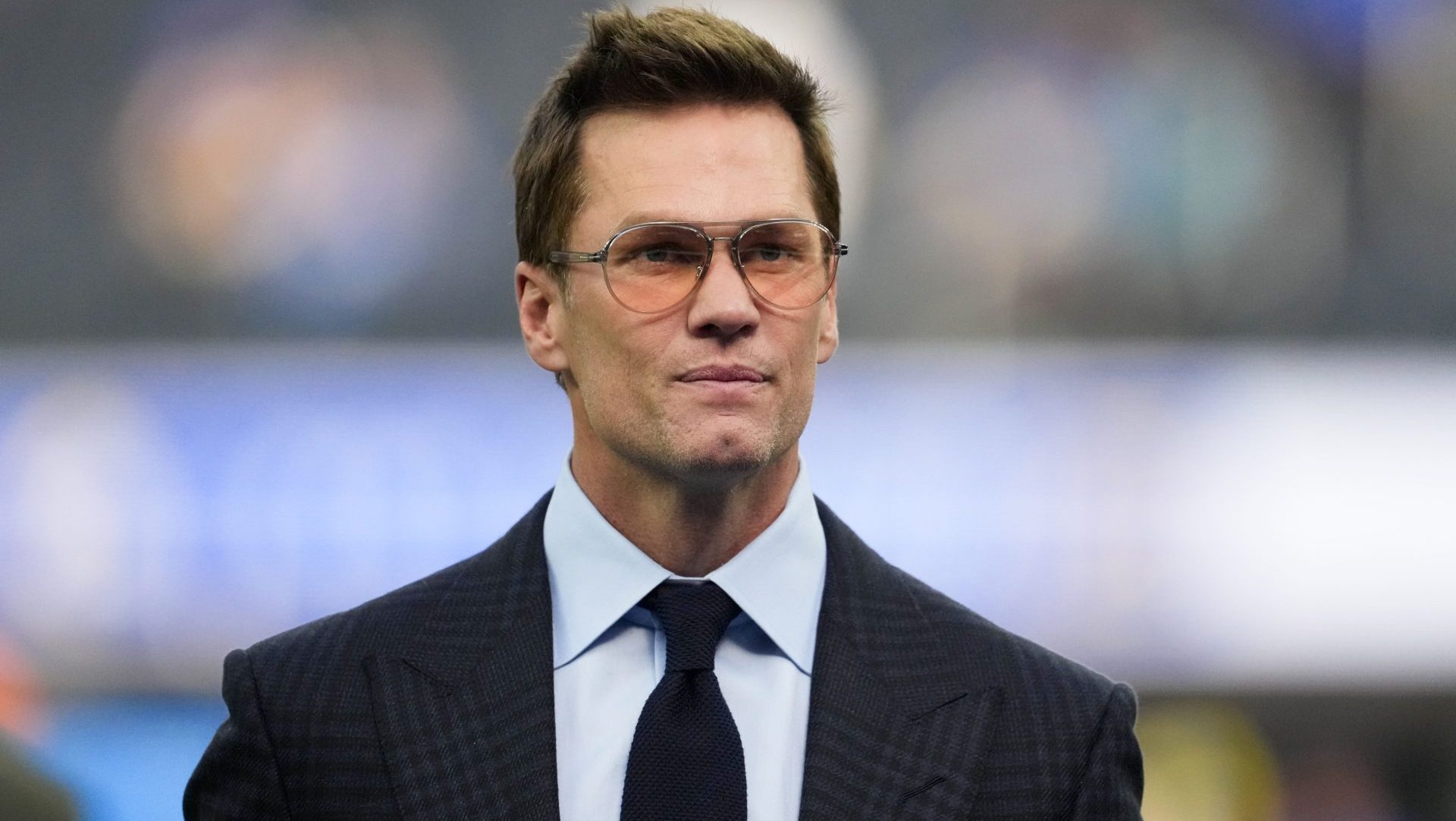 Dec 14, 2025; Inglewood, California, USA; Fox broadcaster Tom Brady is seen prior to the game between the Detroit Lions and the Los Angeles Rams at SoFi Stadium. Mandatory Credit: Kirby Lee-Imagn Images