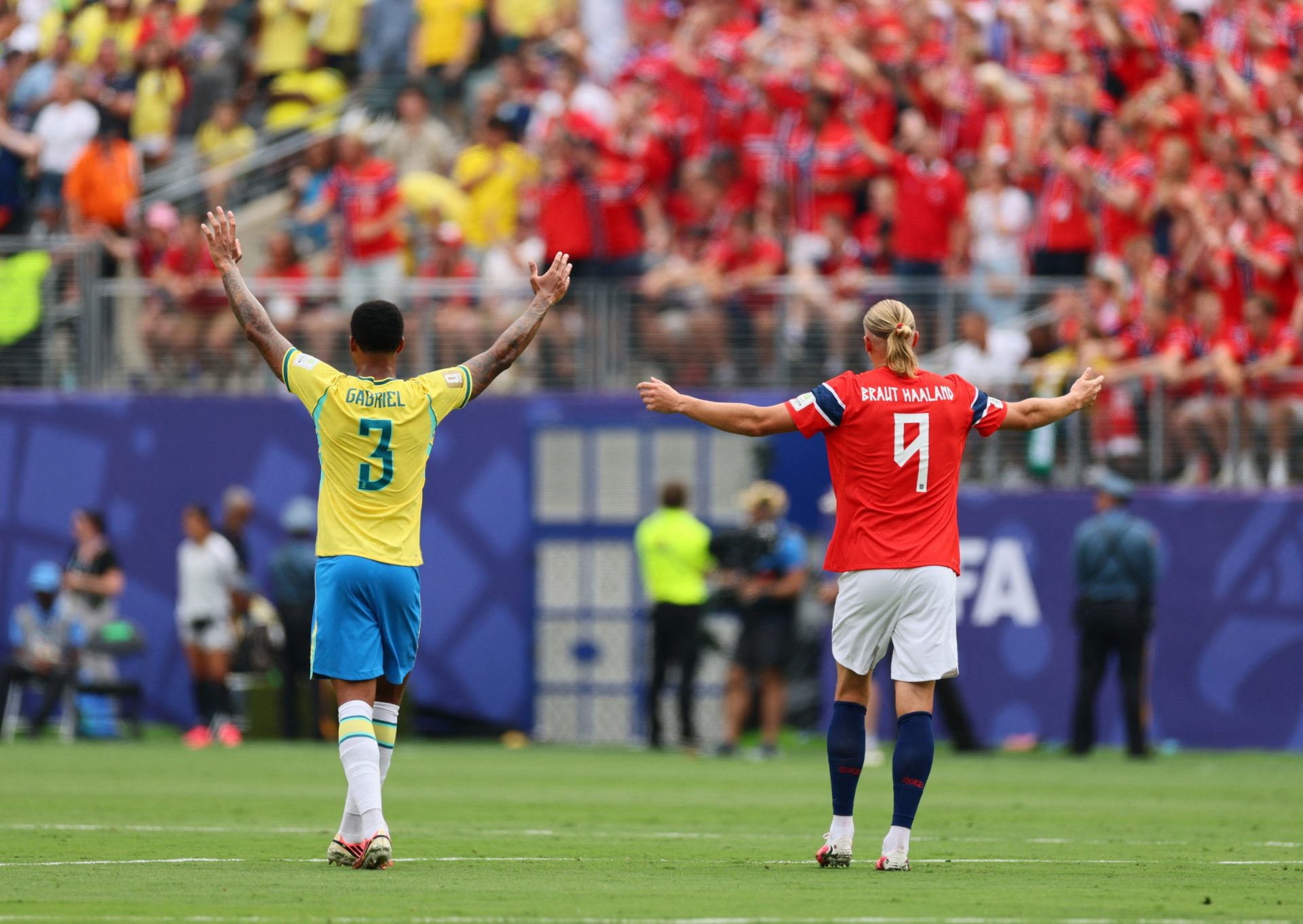 July 5, 2026; East Rutherford, New Jersey, U.S.; Norway's Erling Haaland and Brazil's Gabriel Magalhaes react.