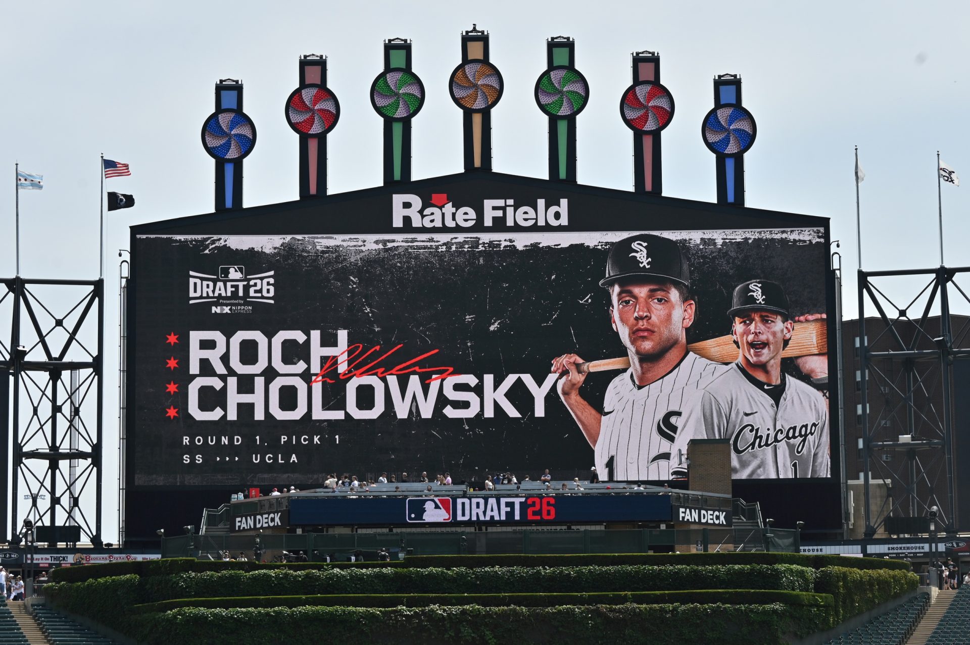 Jul 11, 2026; Chicago, Illinois, USA; The scoreboard is seen as the Chicago White Sox select Roch Cholowsky for the number one draft pick in the 2026 MLB Draft before a game between the Chicago White Sox and the Athletics at Rate Field.
