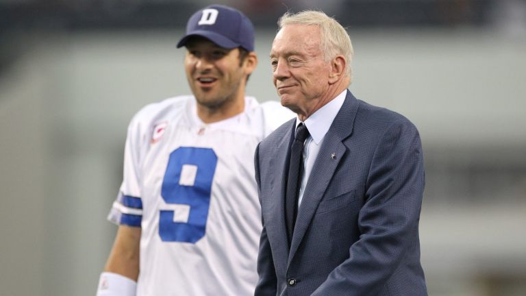 Oct 23, 2011; Arlington, TX, USA; Dallas Cowboys quarterback Tony Romo (9) with owner Jerry Jones prior to the game against the St Louis Rams at Cowboys Stadium. Mandatory Credit: Matthew Emmons-USA TODAY Sports
