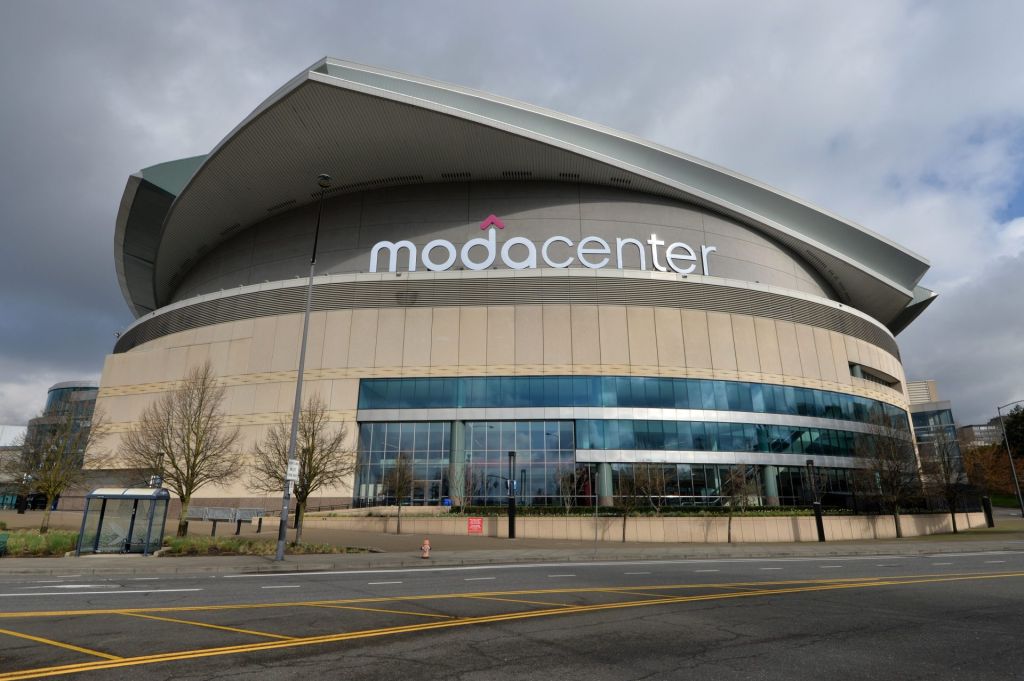 Mar 18, 2015; Portland, OR, USA; General view of the Moda Center exterior prior to the second round of the 2015 NCAA Basketball Championship.