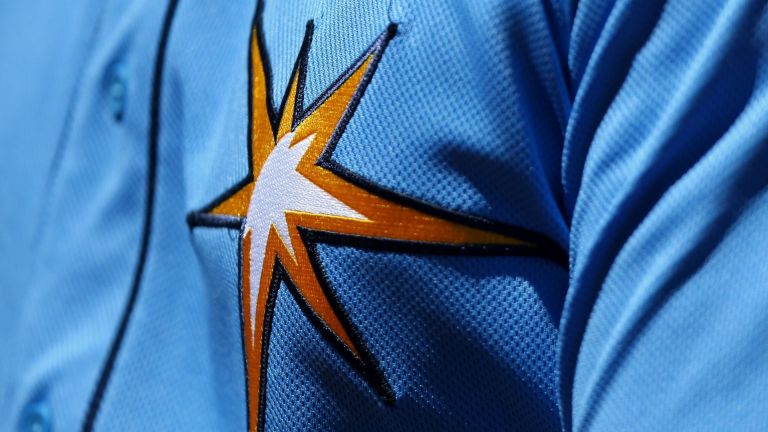 Mar 21, 2018; Port Charlotte, FL, USA; A view of the Rays logo on the jersey of a member of the Tampa Bay Rays against the Boston Red Sox at Charlotte Sports Park. Mandatory Credit: Aaron Doster-USA TODAY Sports