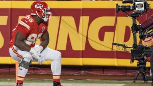 Jan 16, 2022; Kansas City, Missouri, USA; Kansas City Chiefs defensive end Chris Jones (95) celebrates toward the camera after a play against the Pittsburgh Steelers in an AFC Wild Card playoff football game at GEHA Field at Arrowhead Stadium. Mandatory Credit: Denny Medley-USA TODAY Sports