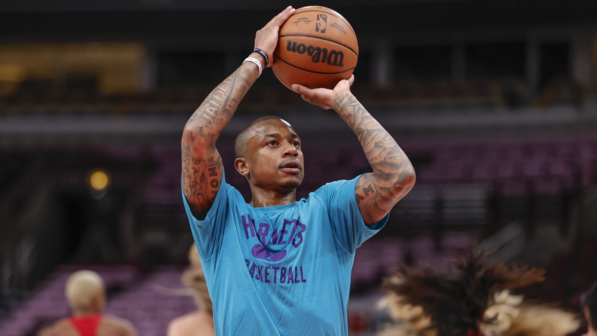Apr 8, 2022; Chicago, Illinois, USA; Charlotte Hornets guard Isaiah Thomas (4) warms up before an NBA game against the Chicago Bulls at United Center. Mandatory Credit: Kamil Krzaczynski-USA TODAY Sports