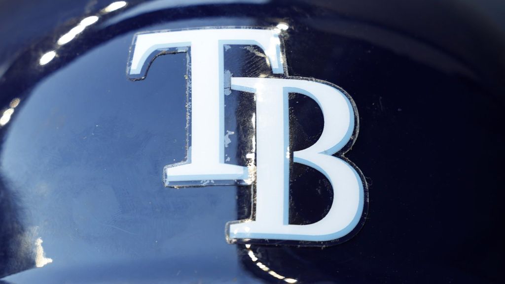 Aug 9, 2022; Milwaukee, Wisconsin, USA; The Tampa Bay Rays logo on a batting helmet prior to the game against the Milwaukee Brewers at American Family Field. Mandatory Credit: Jeff Hanisch-USA TODAY Sports