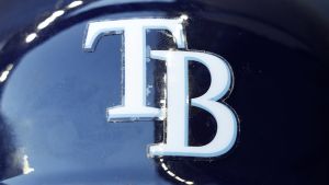 Aug 9, 2022; Milwaukee, Wisconsin, USA; The Tampa Bay Rays logo on a batting helmet prior to the game against the Milwaukee Brewers at American Family Field. Mandatory Credit: Jeff Hanisch-USA TODAY Sports