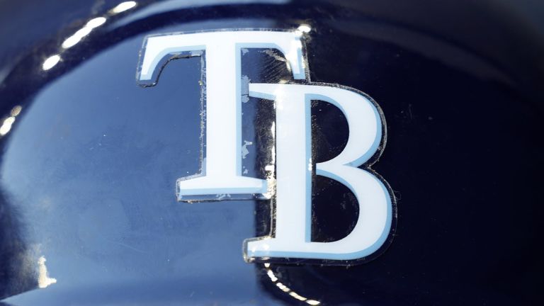 Aug 9, 2022; Milwaukee, Wisconsin, USA; The Tampa Bay Rays logo on a batting helmet prior to the game against the Milwaukee Brewers at American Family Field. Mandatory Credit: Jeff Hanisch-USA TODAY Sports