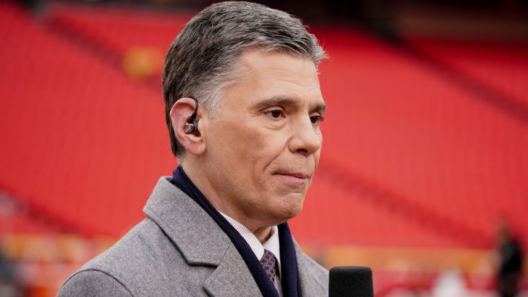 Jan 21, 2023; Kansas City, Missouri, USA; CBS Sports sideline announcer Mike Florio on field prior to an AFC divisional round game between the Kansas City Chiefs and Jacksonville Jaguars at GEHA Field at Arrowhead Stadium. Mandatory Credit: Denny Medley-USA TODAY Sports
