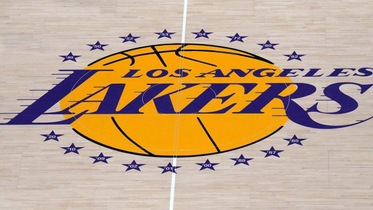 Apr 22, 2023; Los Angeles, California, USA; The Los Angeles Lakers logo at center court during game three of the 2023 NBA playoffs at Crypto.com Arena. Mandatory Credit: Kirby Lee-USA TODAY Sports