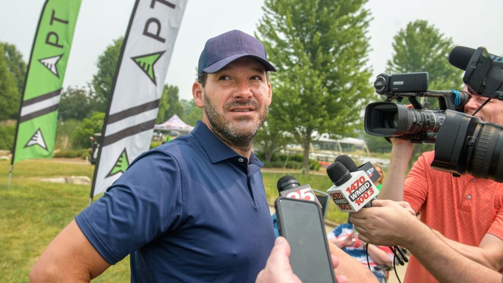 CBS sportscaster and former NFL quarterback Tony Romo chats with the media Tuesday, June 27, 2023 during the OSF Children's Hospital of Illinois Championship & Pro-Am at Metamora Fields Golf Club.