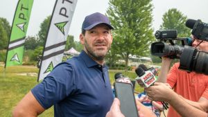 CBS sportscaster and former NFL quarterback Tony Romo chats with the media Tuesday, June 27, 2023 during the OSF Children's Hospital of Illinois Championship & Pro-Am at Metamora Fields Golf Club.