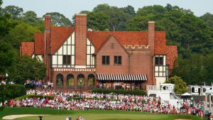 Aug 27, 2023; Atlanta, Georgia, USA; Keegan Bradley and Collin Morikawa walk up onto the 18th green during the final round of the TOUR Championship golf tournament at East Lake Golf Club