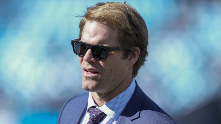 Nov 19, 2023; Charlotte, North Carolina, USA; Former Panther and now announcer Greg Olsen during pregame warm ups between the Carolina Panthers and the Dallas Cowboys at Bank of America Stadium. Mandatory Credit: Jim Dedmon-USA TODAY Sports