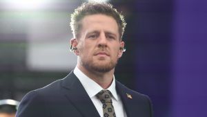 Feb 11, 2024; Paradise, Nevada, USA; CBS analyst J.J. Watt on the field before Super Bowl LVIII between the Kansas City Chiefs and the San Francisco 49ers at Allegiant Stadium. Mandatory Credit: Mark J. Rebilas-USA TODAY Sports