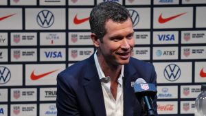 Sep 13, 2024; New York, New York, USA; United States chief executive officer and secretary general JT Batson talks to the media during a press conference introducing Mauricio Pochettino (not pictured) as the new head coach for the United States men's national team at Warner Bros. Discovery Hudson Center. Mandatory Credit: Lucas Boland-Imagn Images