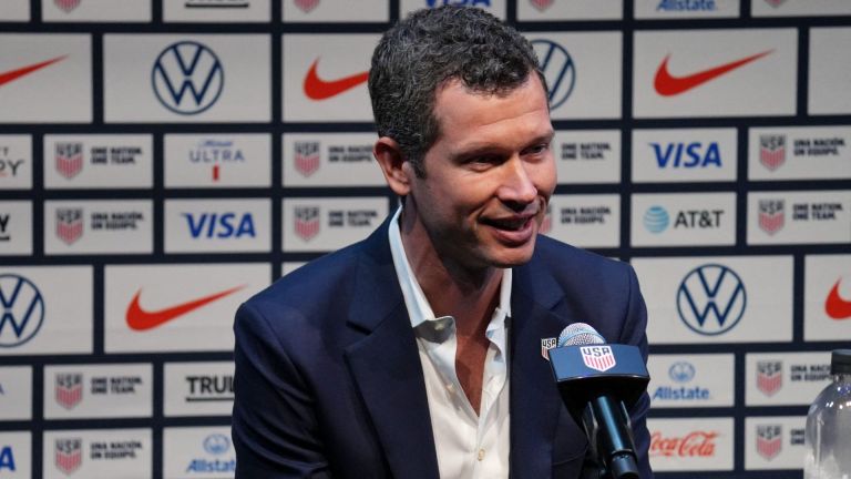 Sep 13, 2024; New York, New York, USA; United States chief executive officer and secretary general JT Batson talks to the media during a press conference introducing Mauricio Pochettino (not pictured) as the new head coach for the United States men's national team at Warner Bros. Discovery Hudson Center. Mandatory Credit: Lucas Boland-Imagn Images