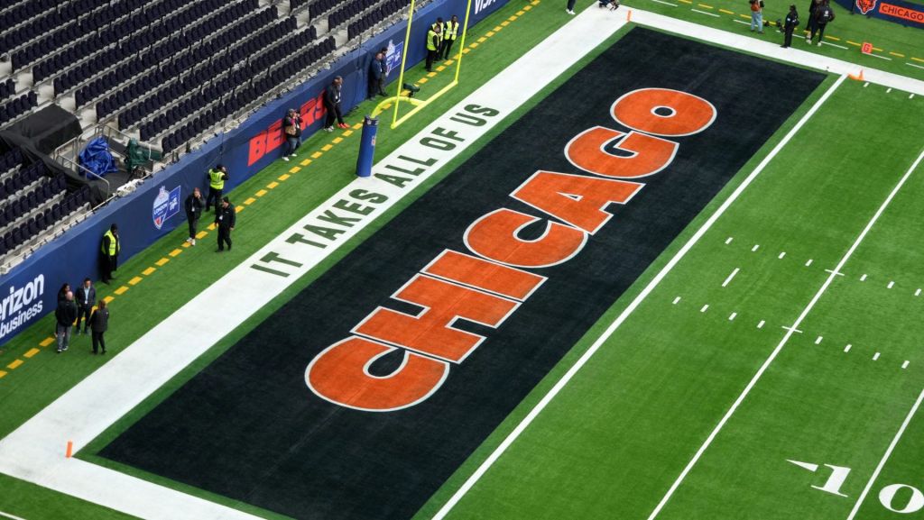 Oct 13, 2024; London, United Kingdom; The Chicago Bears logo in the end zone before an NFL International Series game at Tottenham Hotspur Stadium. Mandatory Credit: Kirby Lee-Imagn Images