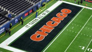 Oct 13, 2024; London, United Kingdom; The Chicago Bears logo in the end zone before an NFL International Series game at Tottenham Hotspur Stadium. Mandatory Credit: Kirby Lee-Imagn Images