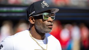 Oct 19, 2024; Tucson, Arizona, USA; Colorado Buffalos head coach Deion Sanders against the Arizona Wildcats at Arizona Stadium. Mandatory Credit: Mark J. Rebilas-Imagn Images