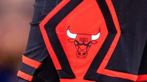 Oct 23, 2024; New Orleans, Louisiana, USA; Detailed view of the Chicago Bulls logo against the New Orleans Pelicans during the second half at Smoothie King Center. Mandatory Credit: Stephen Lew-Imagn Images