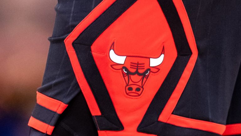 Oct 23, 2024; New Orleans, Louisiana, USA; Detailed view of the Chicago Bulls logo against the New Orleans Pelicans during the second half at Smoothie King Center. Mandatory Credit: Stephen Lew-Imagn Images